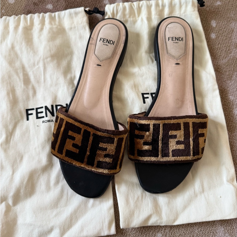Fendi Brown Zucca velvet slides. Size 38.